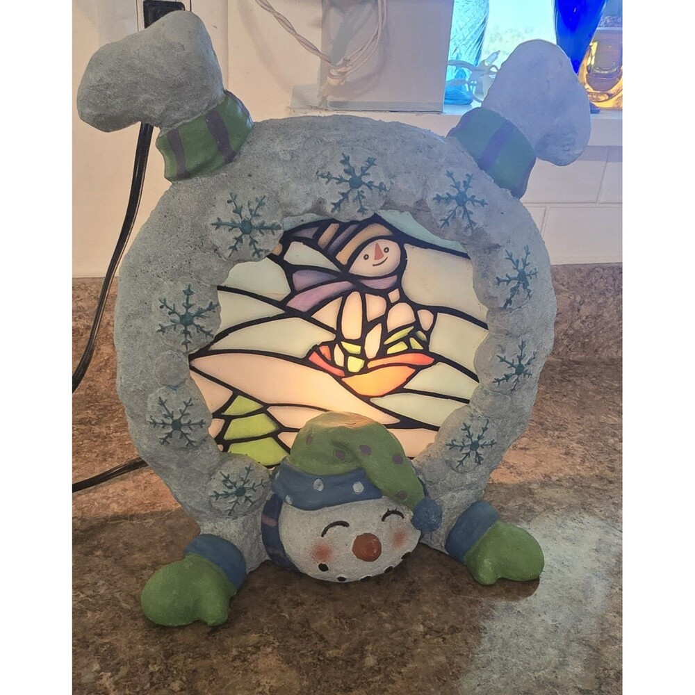 Vintage Cracker Barrel "Snow Days" Stained Glass Snowman Plug In Light Christmas